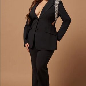 Fashion Nova Black Embellished Shoulder Blazer & Pants Set